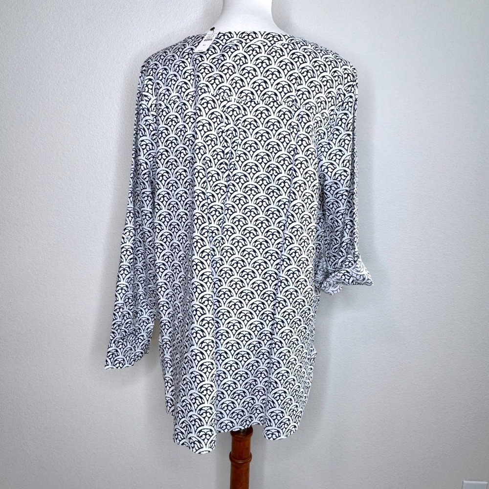 TALBOTS NEW 100% Linen Tunic Top XL Roll Tab Long Sleeve Navy White Tab Front - Picture 6 of 9